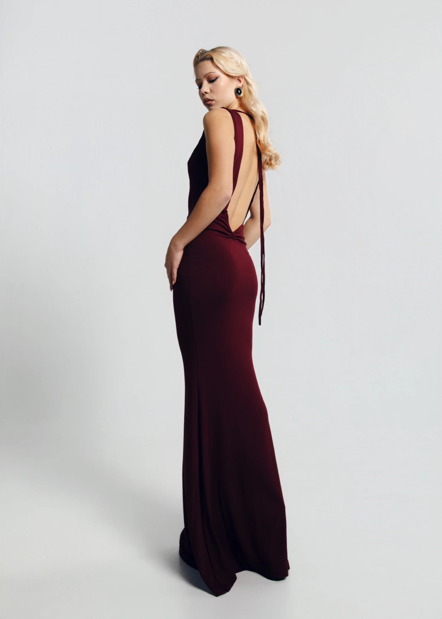Backless Draped Maxi Dress –